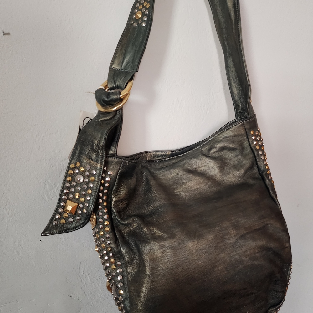 Studded Olive-colored Leather Shoulder Bag